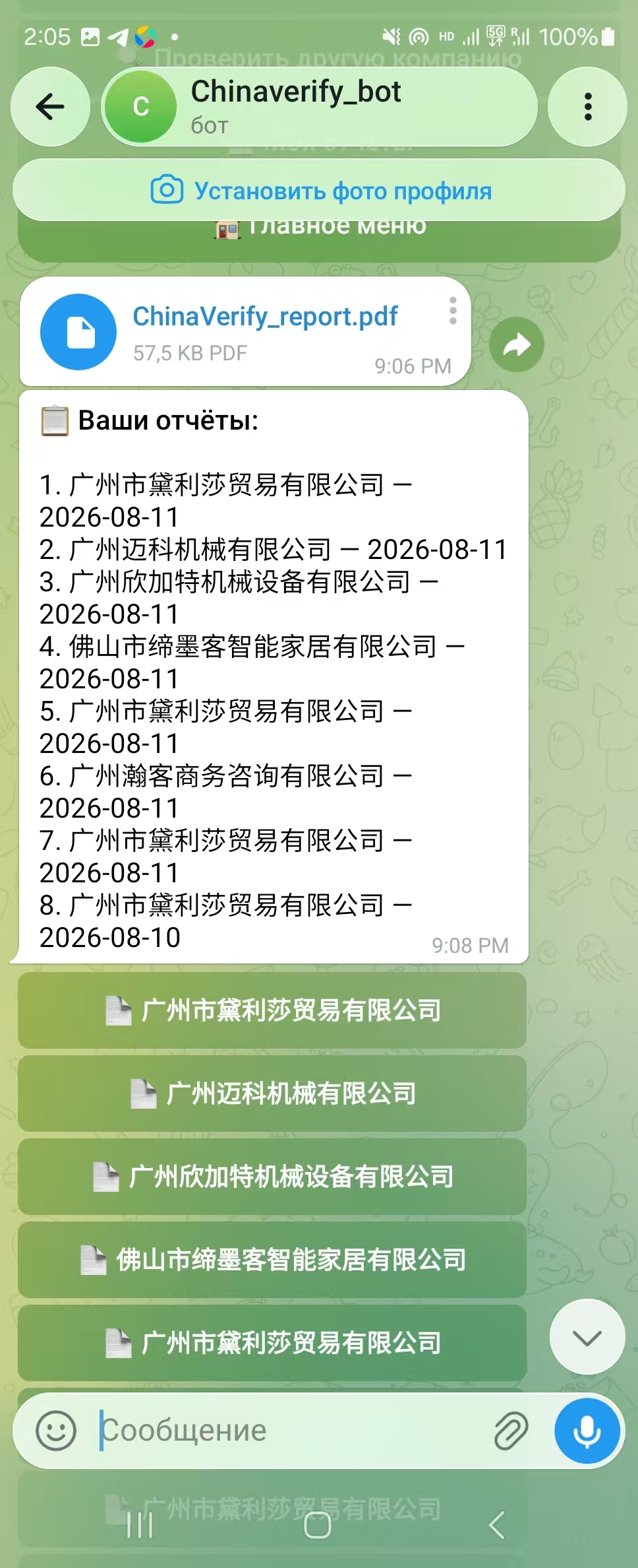 Раздел «Ваши отчёты» в Telegram-боте ChinaVerify: список проверенных компаний и файл ChinaVerify_report.pdf