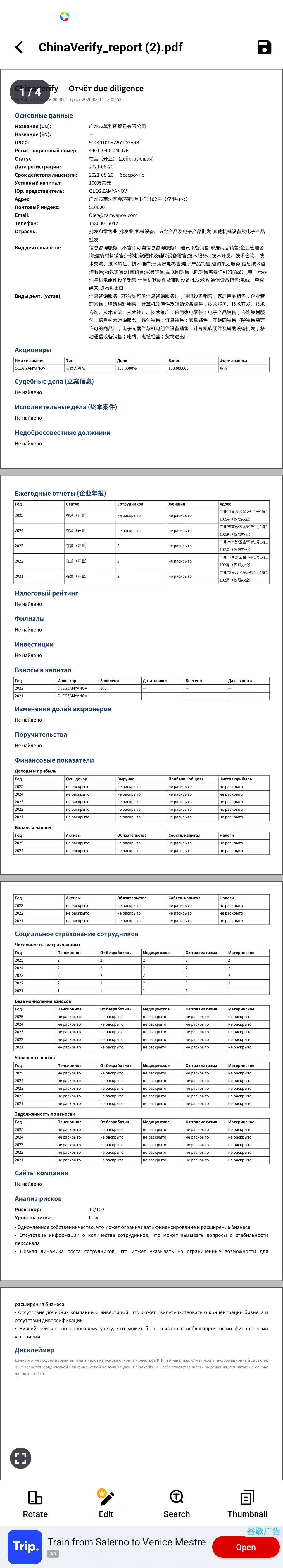 Полный PDF-отчёт ChinaVerify с регистрационными данными, акционерами, финансовыми показателями и анализом рисков